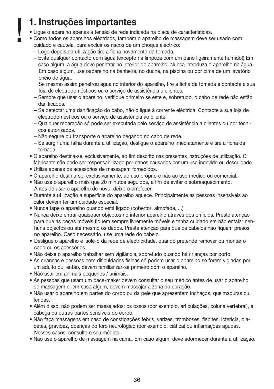 Instruções importantes | Beurer MG 70 User Manual | Page 36 / 44