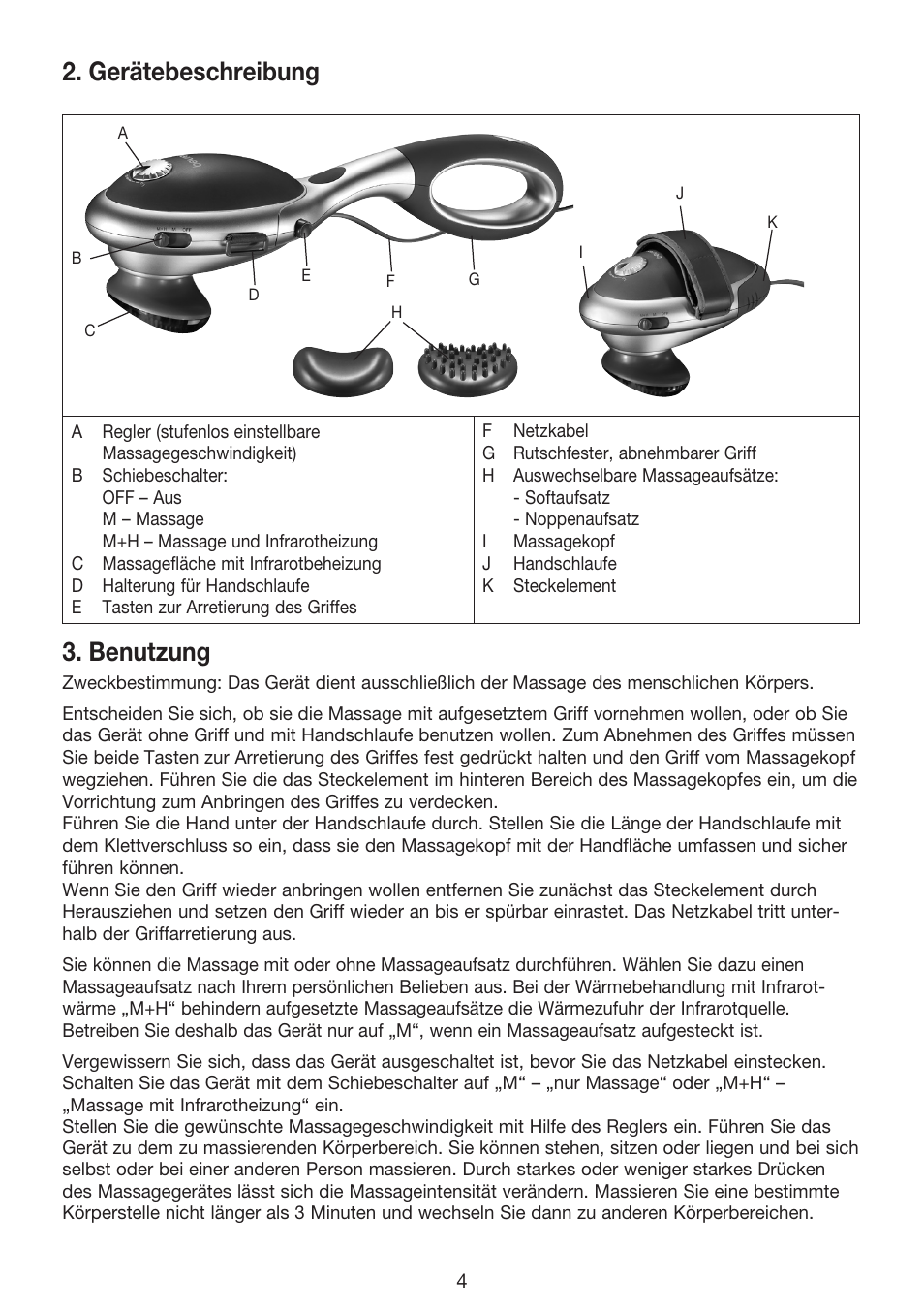 Gerätebeschreibung, Benutzung | Beurer MG 70 User Manual | Page 4 / 44