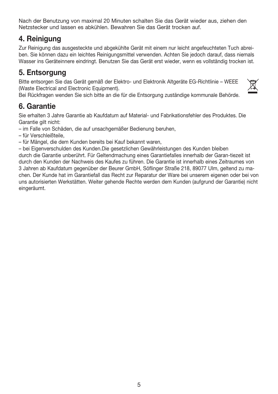 Reinigung, Entsorgung, Garantie | Beurer MG 70 User Manual | Page 5 / 44