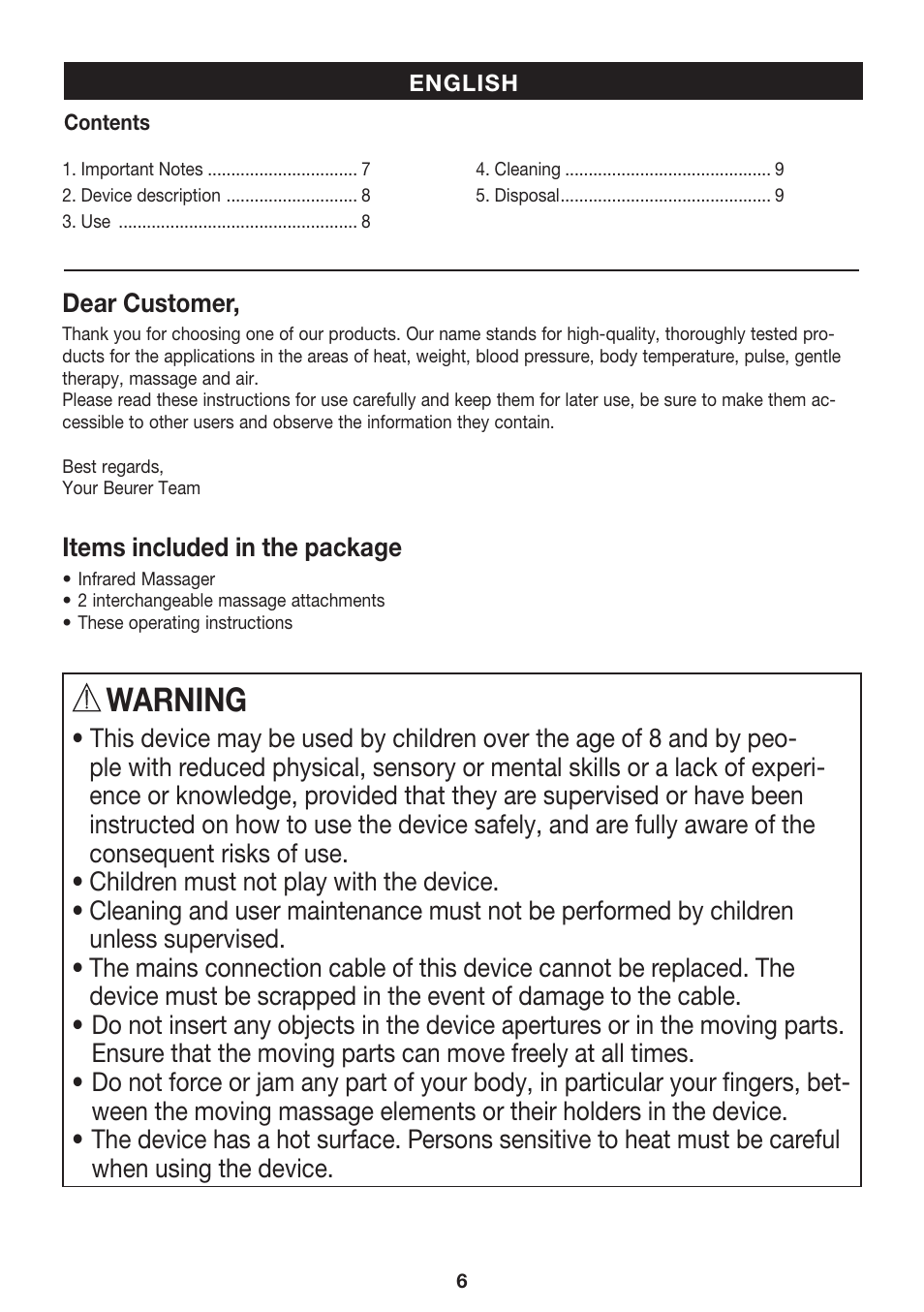 Warning | Beurer MG 70 User Manual | Page 6 / 44