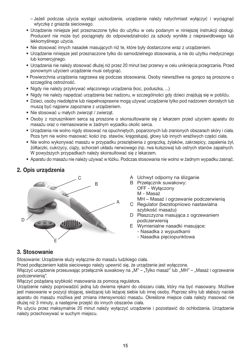 Opis urządzenia, Stosowanie | Beurer MG 80 User Manual | Page 15 / 24