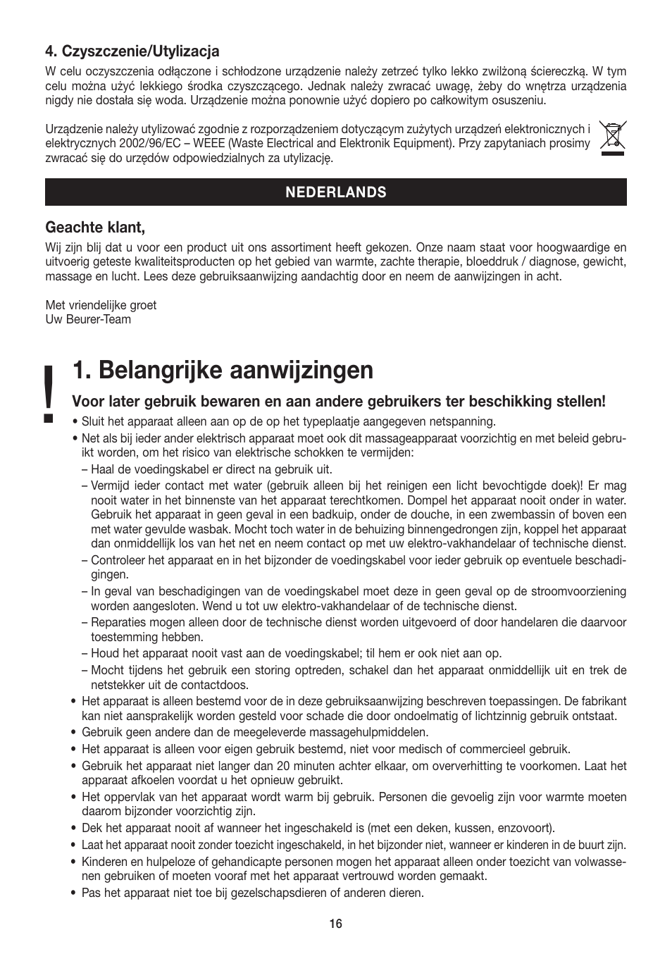 Belangrijke aanwijzingen | Beurer MG 80 User Manual | Page 16 / 24