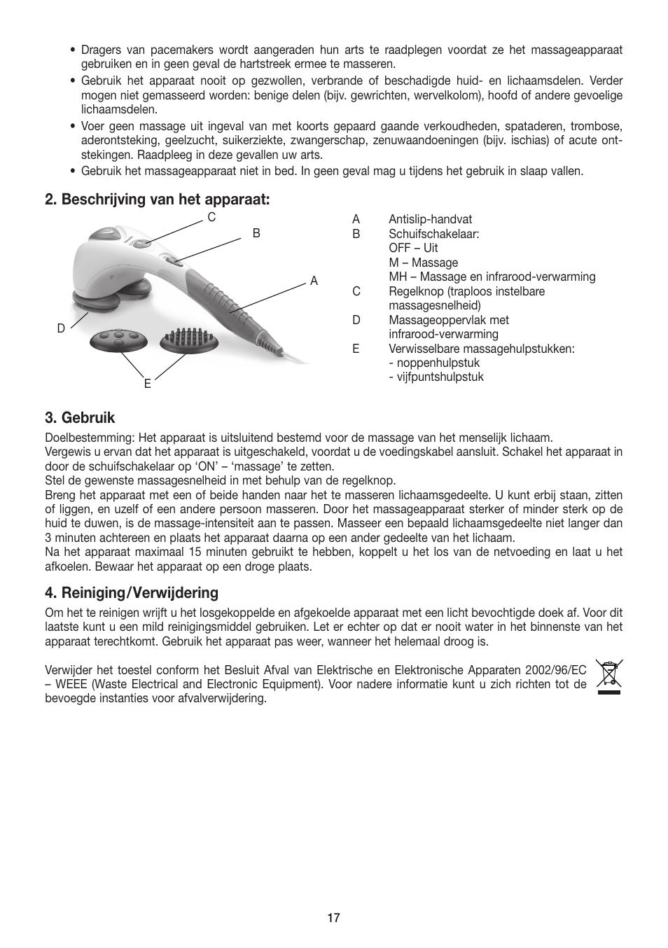 Beschrijving van het apparaat, Gebruik, Reiniging/verwijdering | Beurer MG 80 User Manual | Page 17 / 24