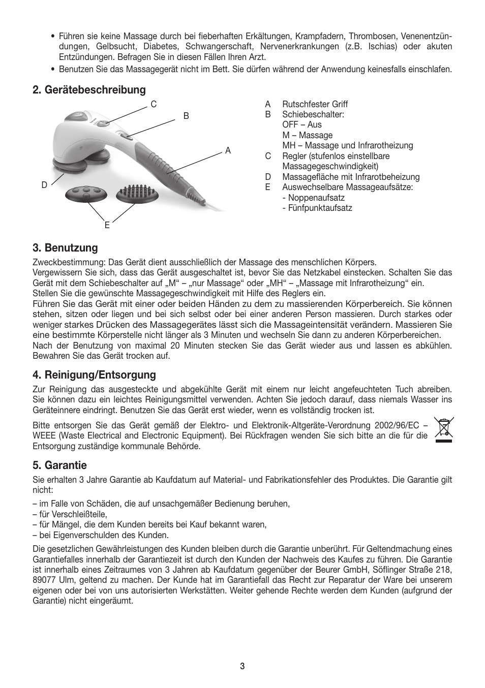 Gerätebeschreibung, Benutzung, Reinigung/entsorgung | Garantie | Beurer MG 80 User Manual | Page 3 / 24