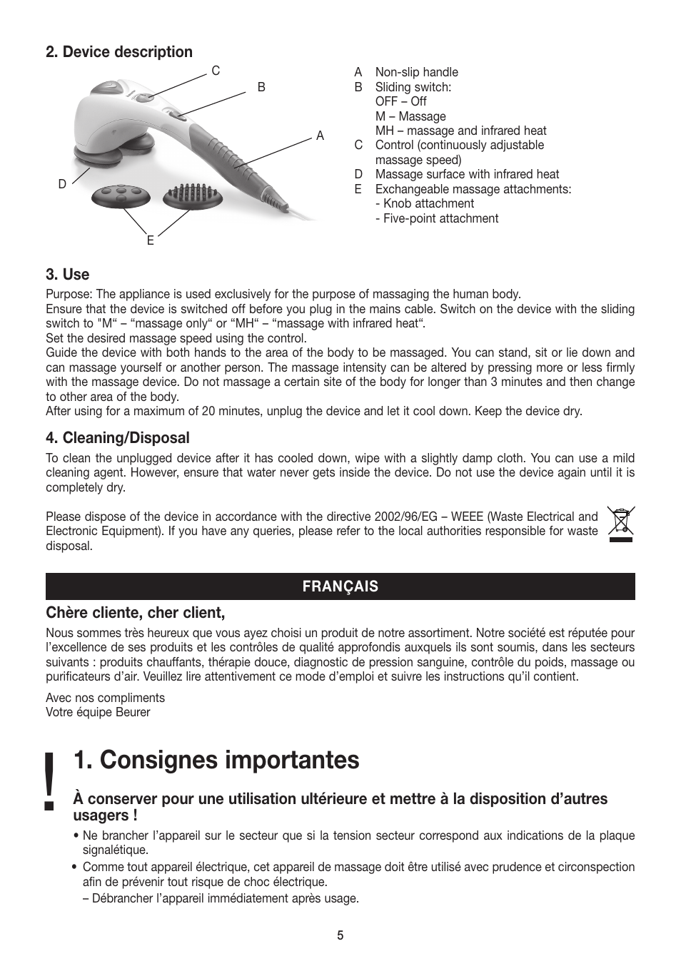 Consignes importantes | Beurer MG 80 User Manual | Page 5 / 24