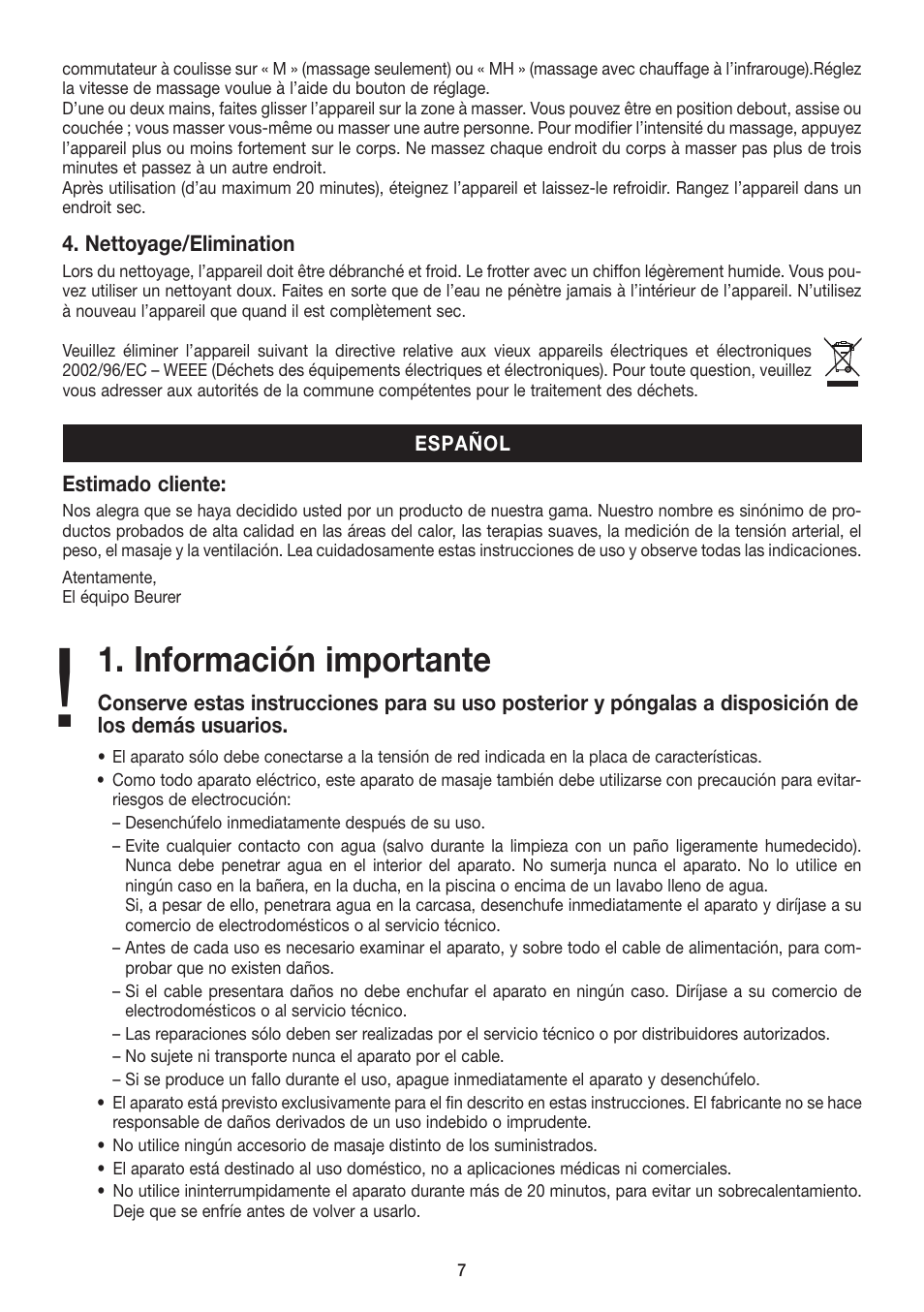 Información importante | Beurer MG 80 User Manual | Page 7 / 24