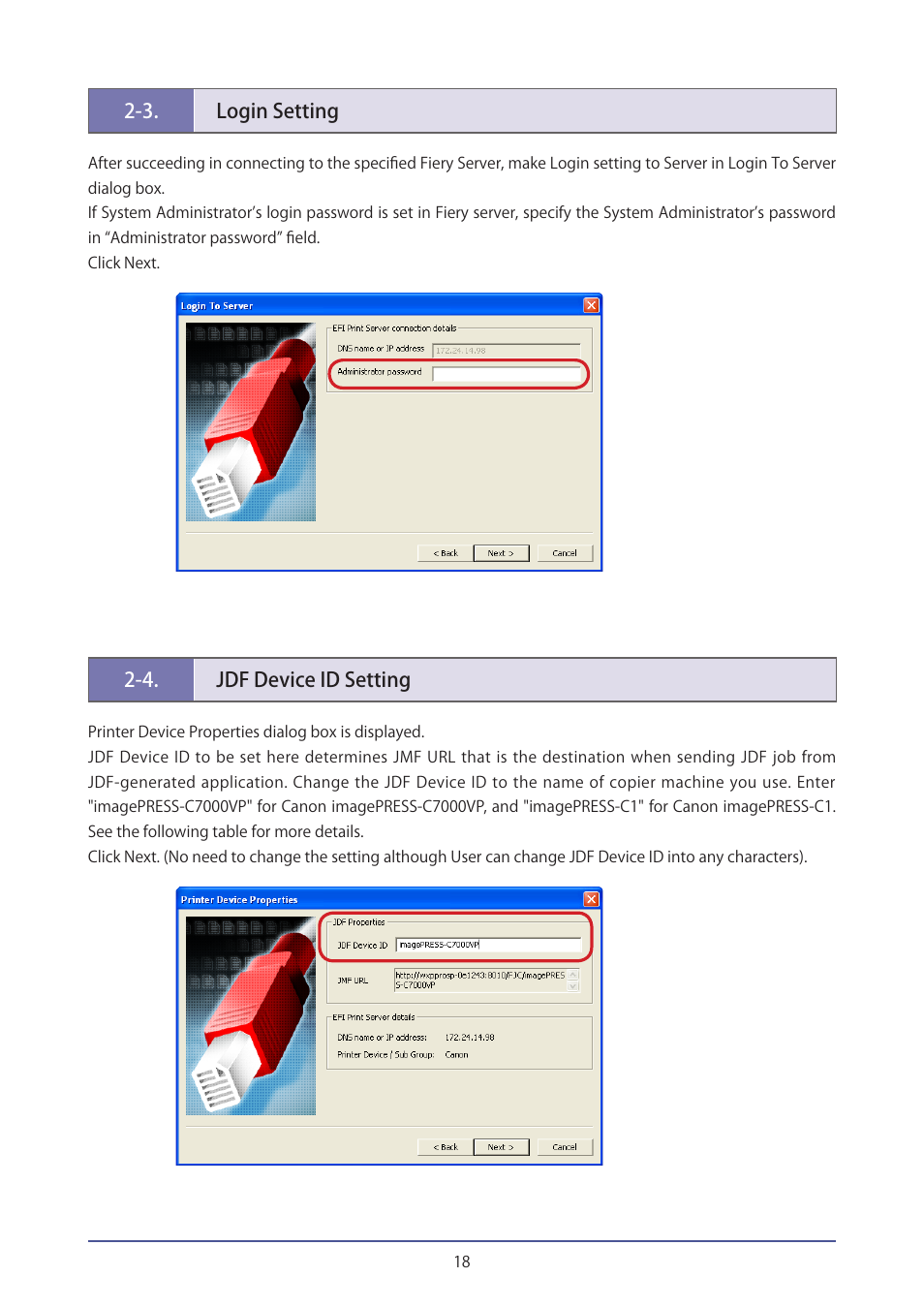 3.login setting, 4.jdf device id setting, 3. login setting | 4. jdf device id setting | Canon IMAGEPRESS C7000VP User Manual | Page 18 / 38