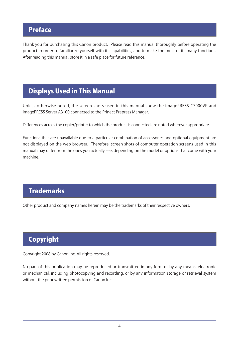 Preface, Displays used in this manual, Trademarks | Copyright | Canon IMAGEPRESS C7000VP User Manual | Page 4 / 38