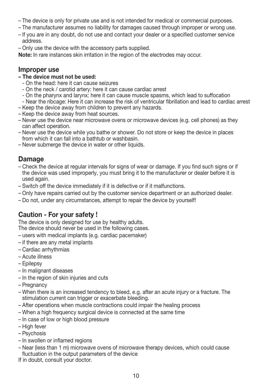 Improper use, Damage, Caution - for your safety | Beurer EM 30 User Manual | Page 10 / 60