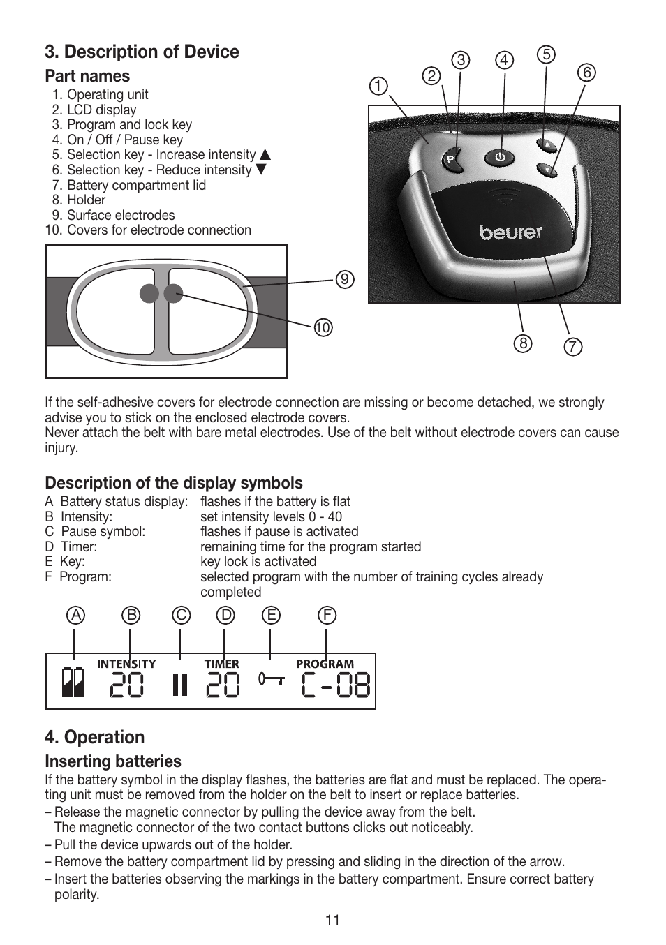 Description of device, Operation | Beurer EM 30 User Manual | Page 11 / 60