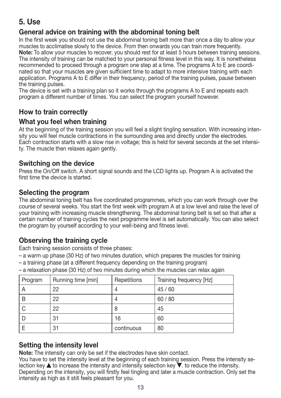 How to train correctly what you feel when training, Switching on the device, Selecting the program | Observing the training cycle, Setting the intensity level | Beurer EM 30 User Manual | Page 13 / 60