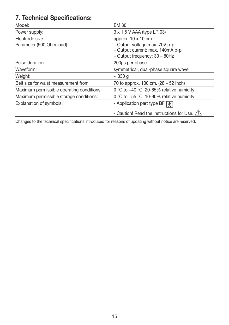 Technical specifications | Beurer EM 30 User Manual | Page 15 / 60