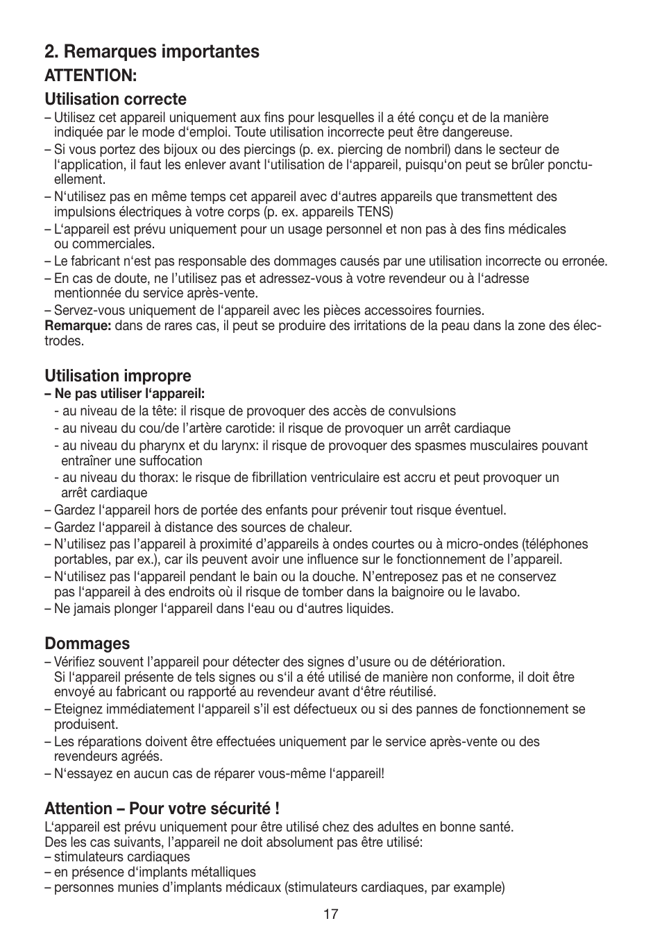 Remarques importantes, Attention: utilisation correcte, Utilisation impropre | Dommages, Attention – pour votre sécurité | Beurer EM 30 User Manual | Page 17 / 60