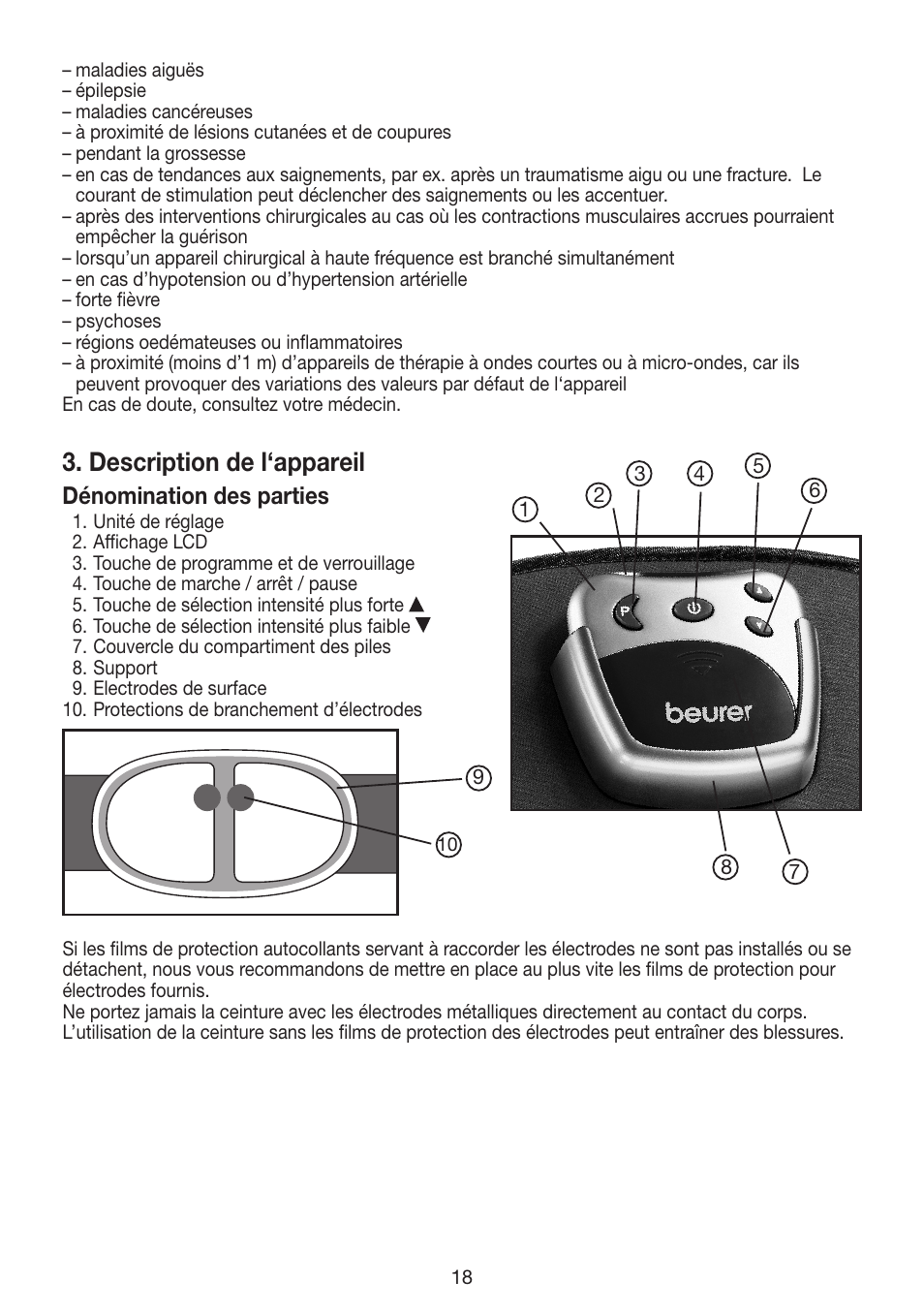 Description de l‘appareil, Dénomination des parties | Beurer EM 30 User Manual | Page 18 / 60