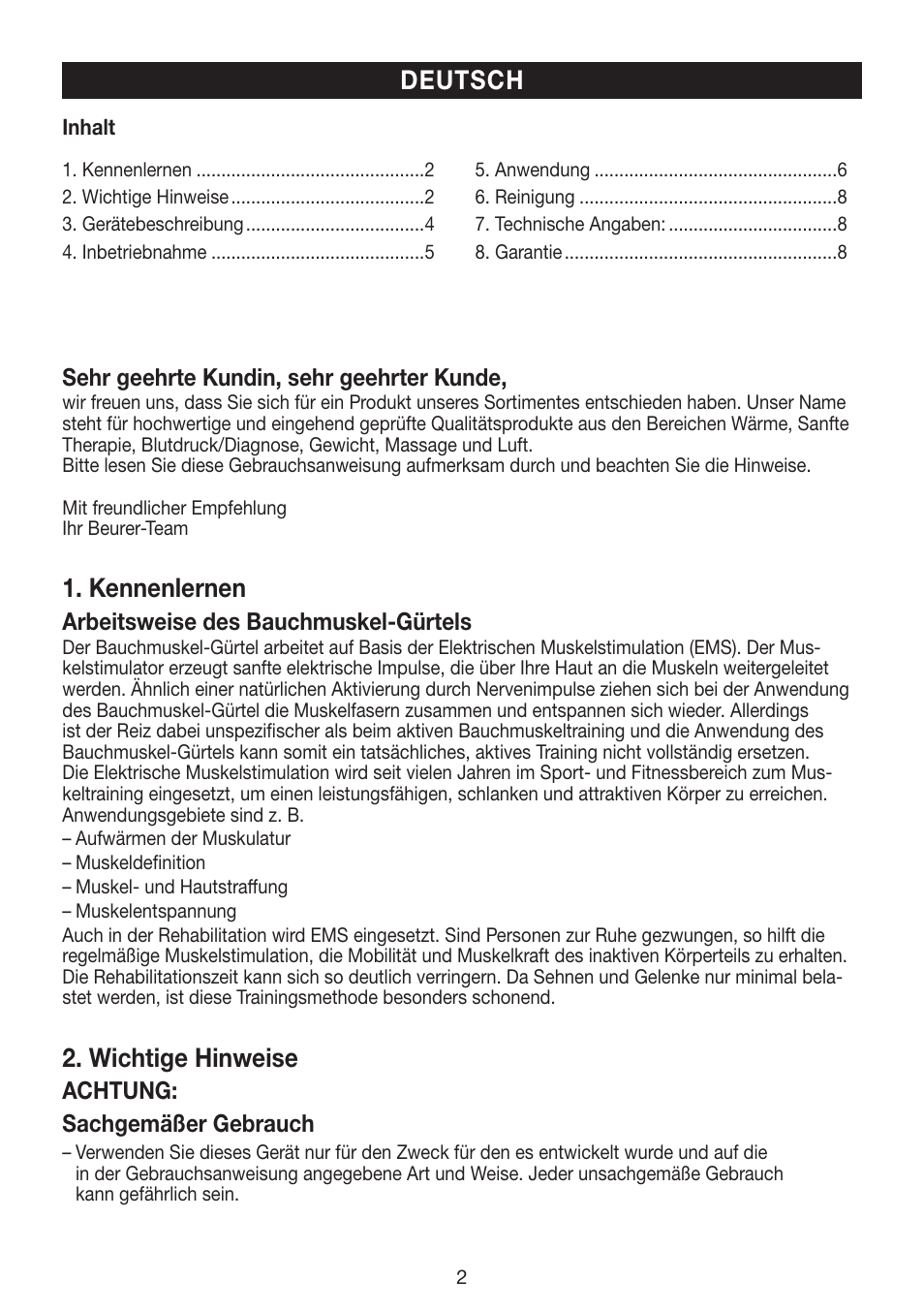 Kennenlernen, Wichtige hinweise, Deutsch | Beurer EM 30 User Manual | Page 2 / 60