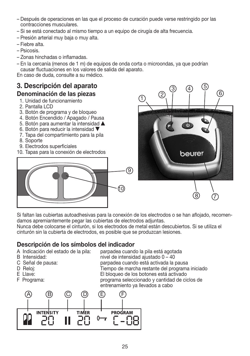 Descripción del aparato, Denominación de las piezas, Descripción de los símbolos del indicador | Beurer EM 30 User Manual | Page 25 / 60