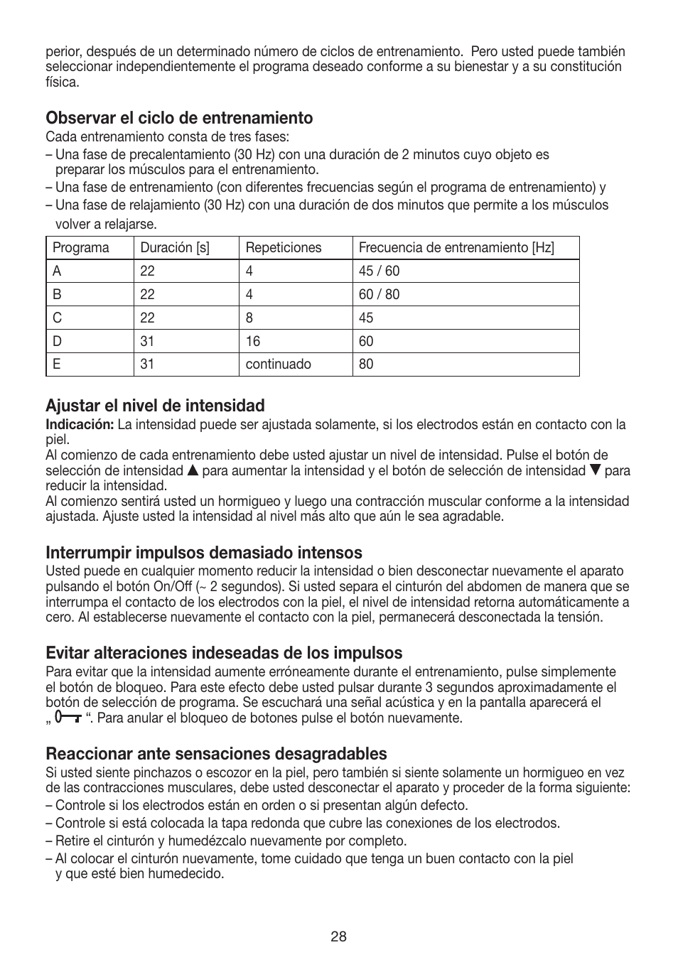 Observar el ciclo de entrenamiento, Ajustar el nivel de intensidad, Interrumpir impulsos demasiado intensos | Evitar alteraciones indeseadas de los impulsos, Reaccionar ante sensaciones desagradables | Beurer EM 30 User Manual | Page 28 / 60