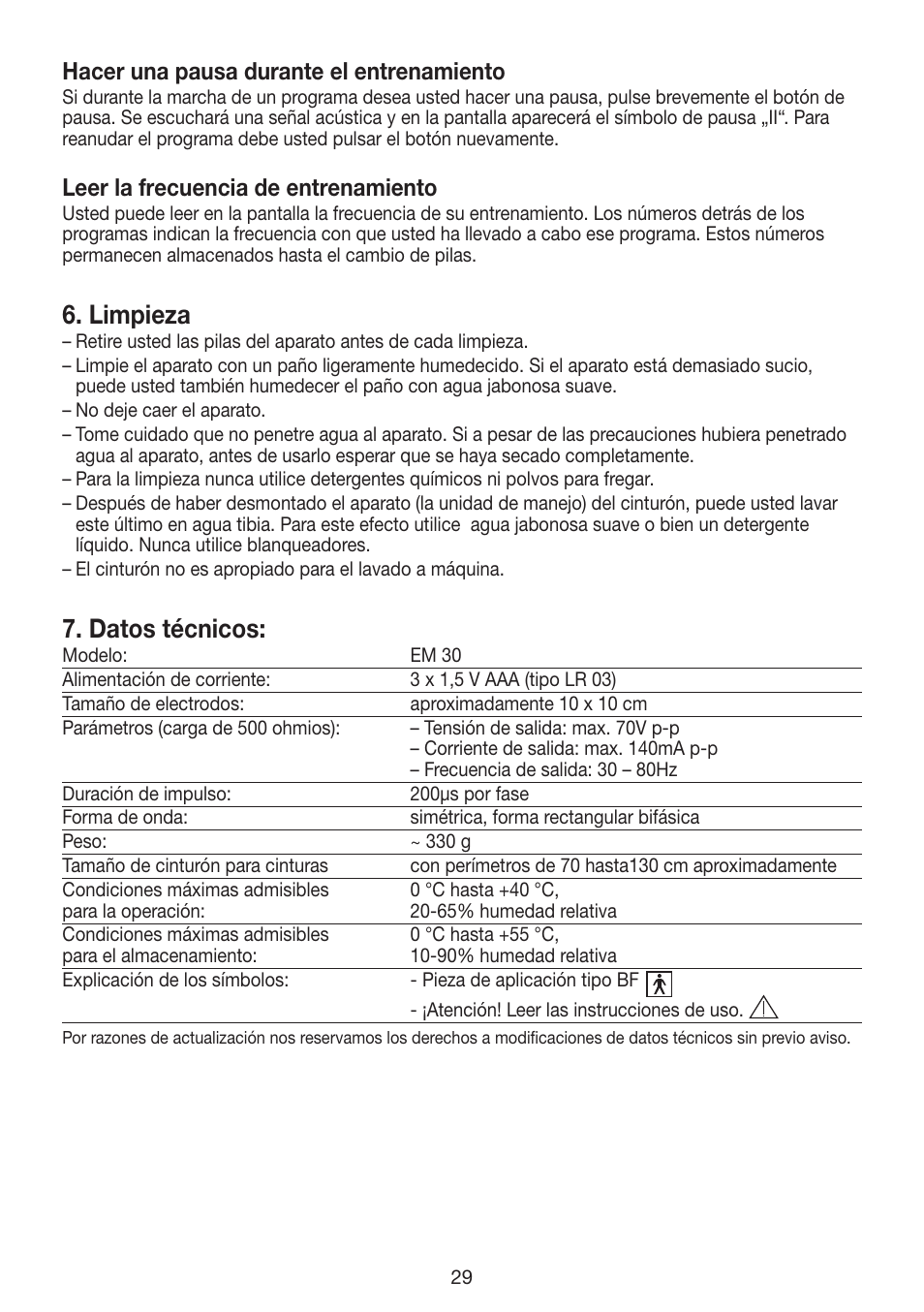 Limpieza, Datos técnicos, Hacer una pausa durante el entrenamiento | Leer la frecuencia de entrenamiento | Beurer EM 30 User Manual | Page 29 / 60