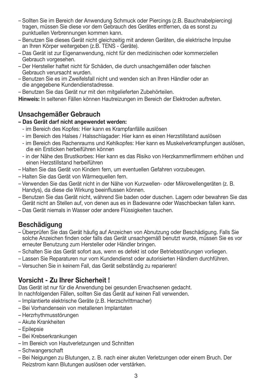 Unsachgemäßer gebrauch, Beschädigung, Vorsicht - zu ihrer sicherheit | Beurer EM 30 User Manual | Page 3 / 60