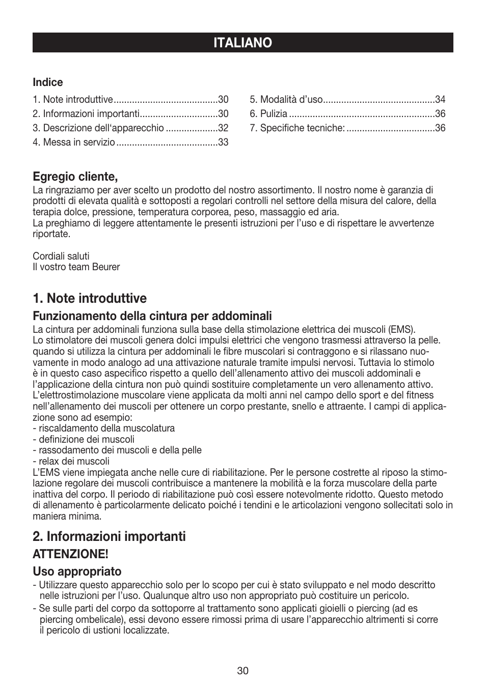 Informazioni importanti, Italiano | Beurer EM 30 User Manual | Page 30 / 60