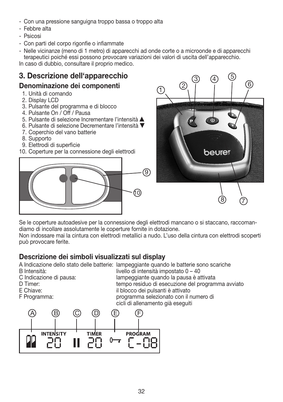 Descrizione dell‘apparecchio, Denominazione dei componenti, Descrizione dei simboli visualizzati sul display | Beurer EM 30 User Manual | Page 32 / 60