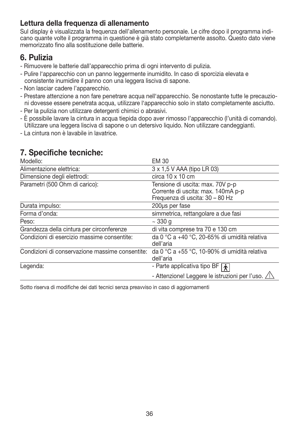 Pulizia, Specifiche tecniche, Lettura della frequenza di allenamento | Beurer EM 30 User Manual | Page 36 / 60
