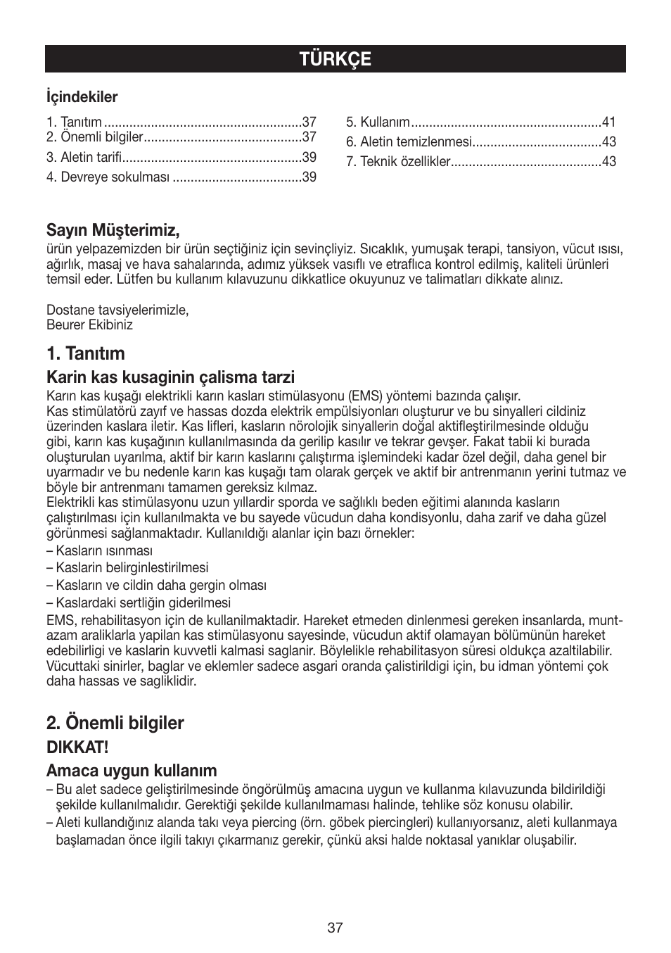 Tanıtım, Önemli bilgiler, Türkçe | Beurer EM 30 User Manual | Page 37 / 60