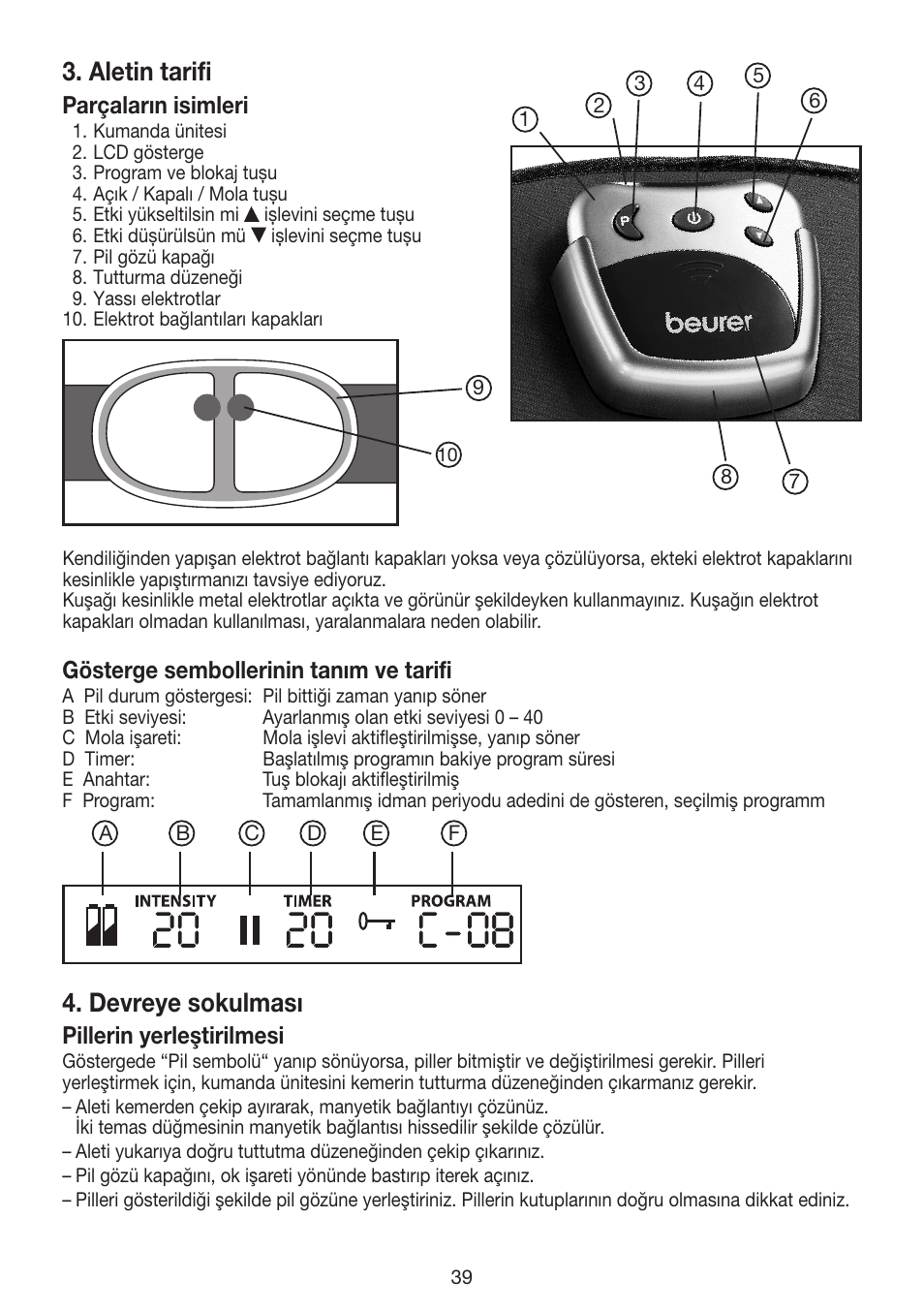 Aletin tarifi, Devreye sokulması | Beurer EM 30 User Manual | Page 39 / 60