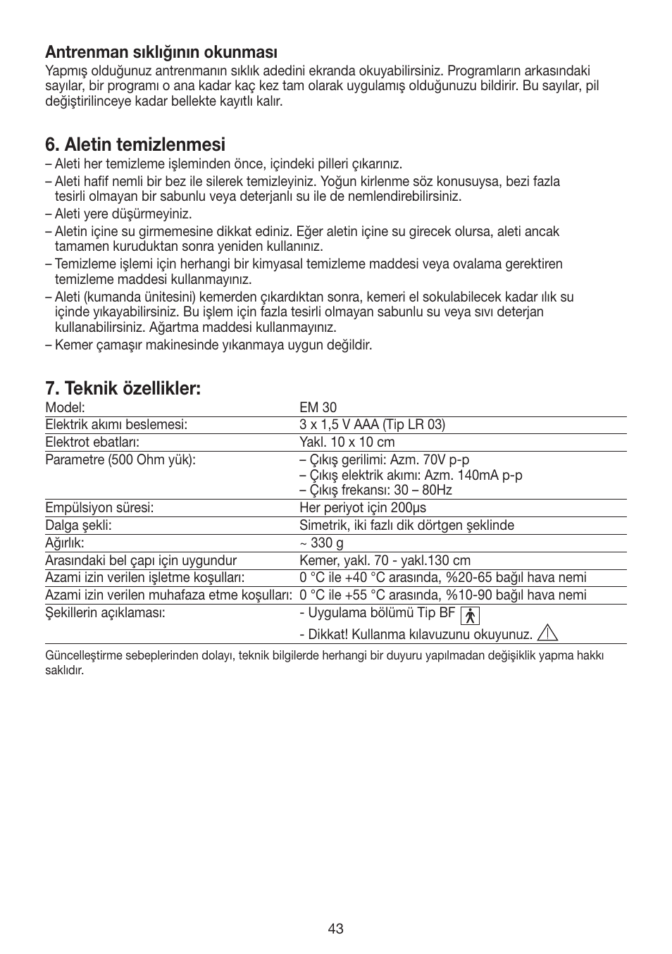 Aletin temizlenmesi, Teknik özellikler, Antrenman sıklığının okunması | Beurer EM 30 User Manual | Page 43 / 60