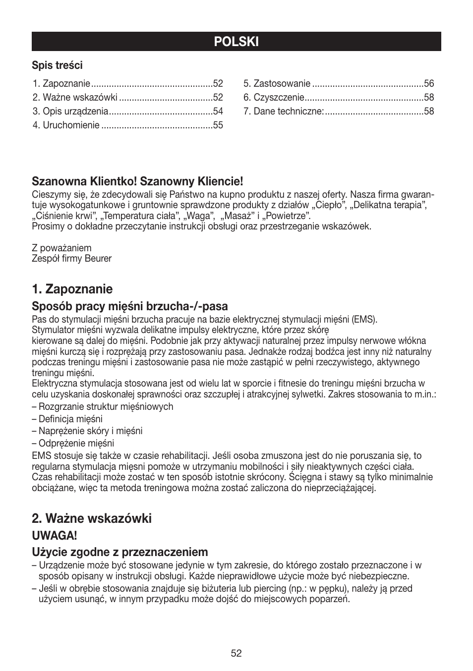 Zapoznanie, Ważne wskazówki, Polski | Beurer EM 30 User Manual | Page 52 / 60