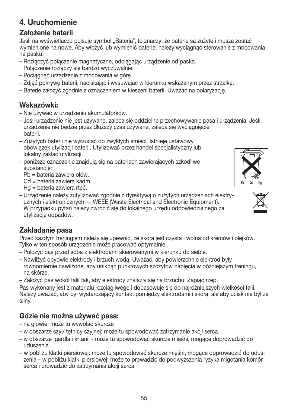 Uruchomienie, Założenie baterii, Wskazówki | Zakładanie pasa, Gdzie nie można używać pasa | Beurer EM 30 User Manual | Page 55 / 60
