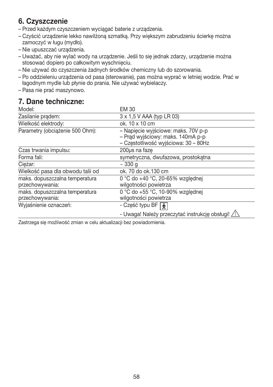 Czyszczenie, Dane techniczne | Beurer EM 30 User Manual | Page 58 / 60