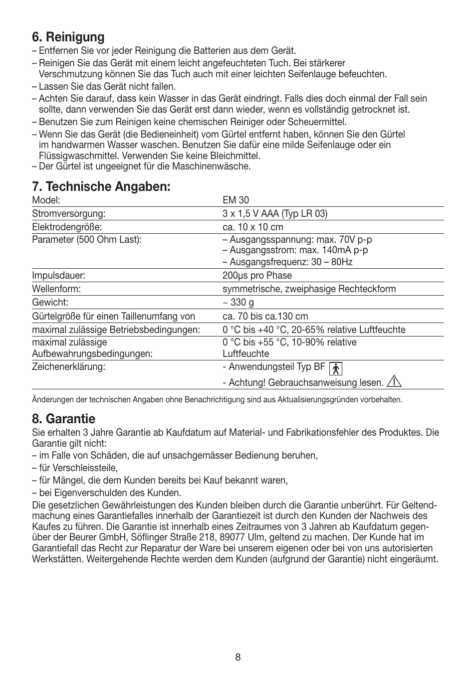 Reinigung, Technische angaben, Garantie | Beurer EM 30 User Manual | Page 8 / 60