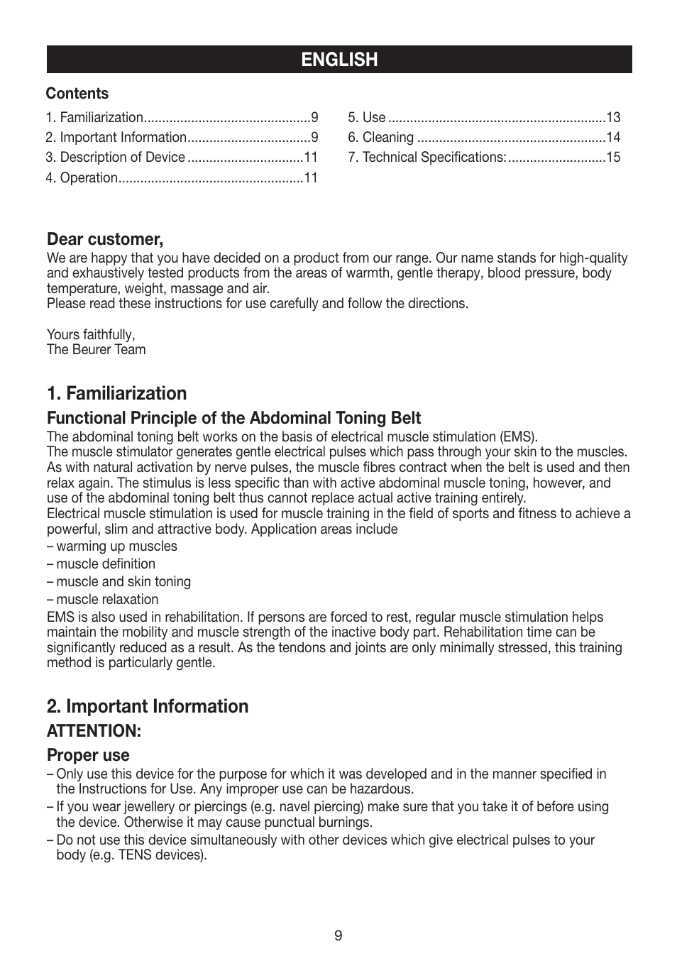 Familiarization, Important information, English | Beurer EM 30 User Manual | Page 9 / 60