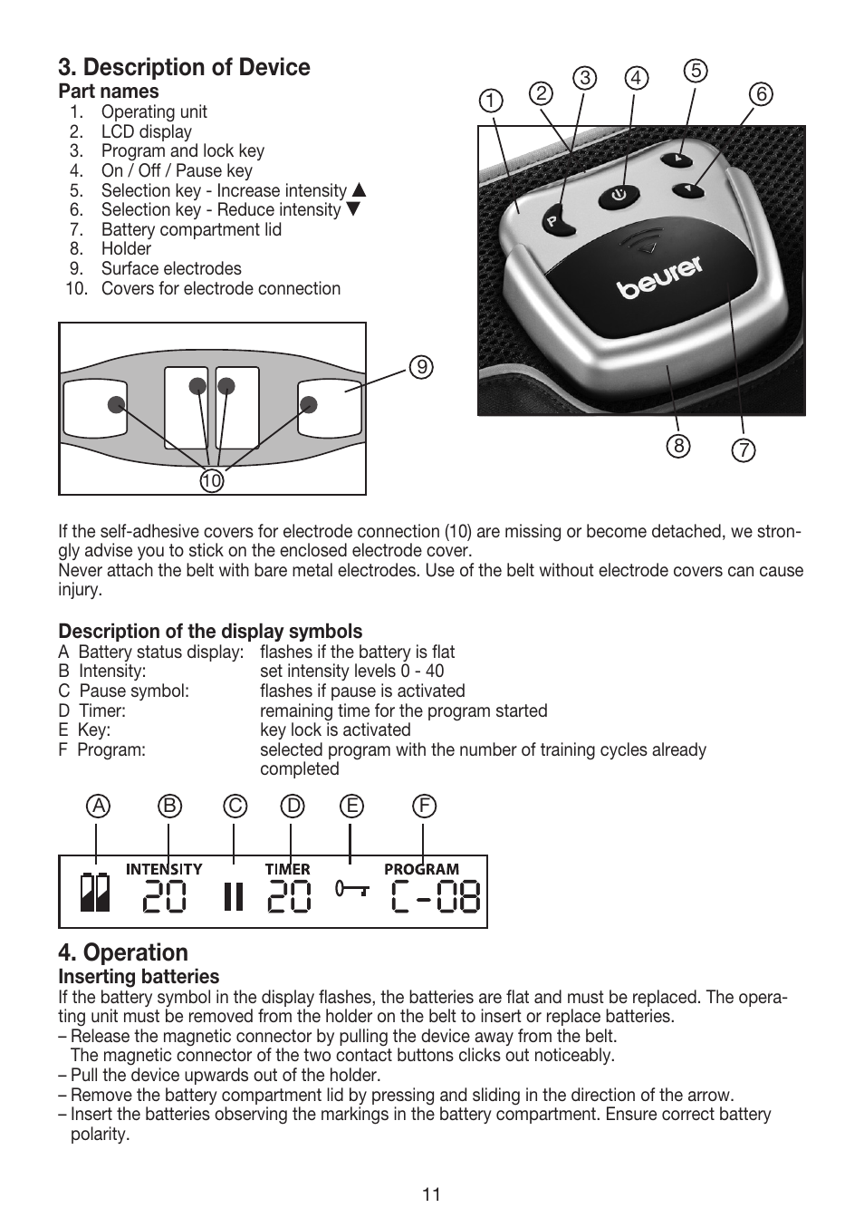 Description of device, Operation | Beurer EM 35 User Manual | Page 11 / 60