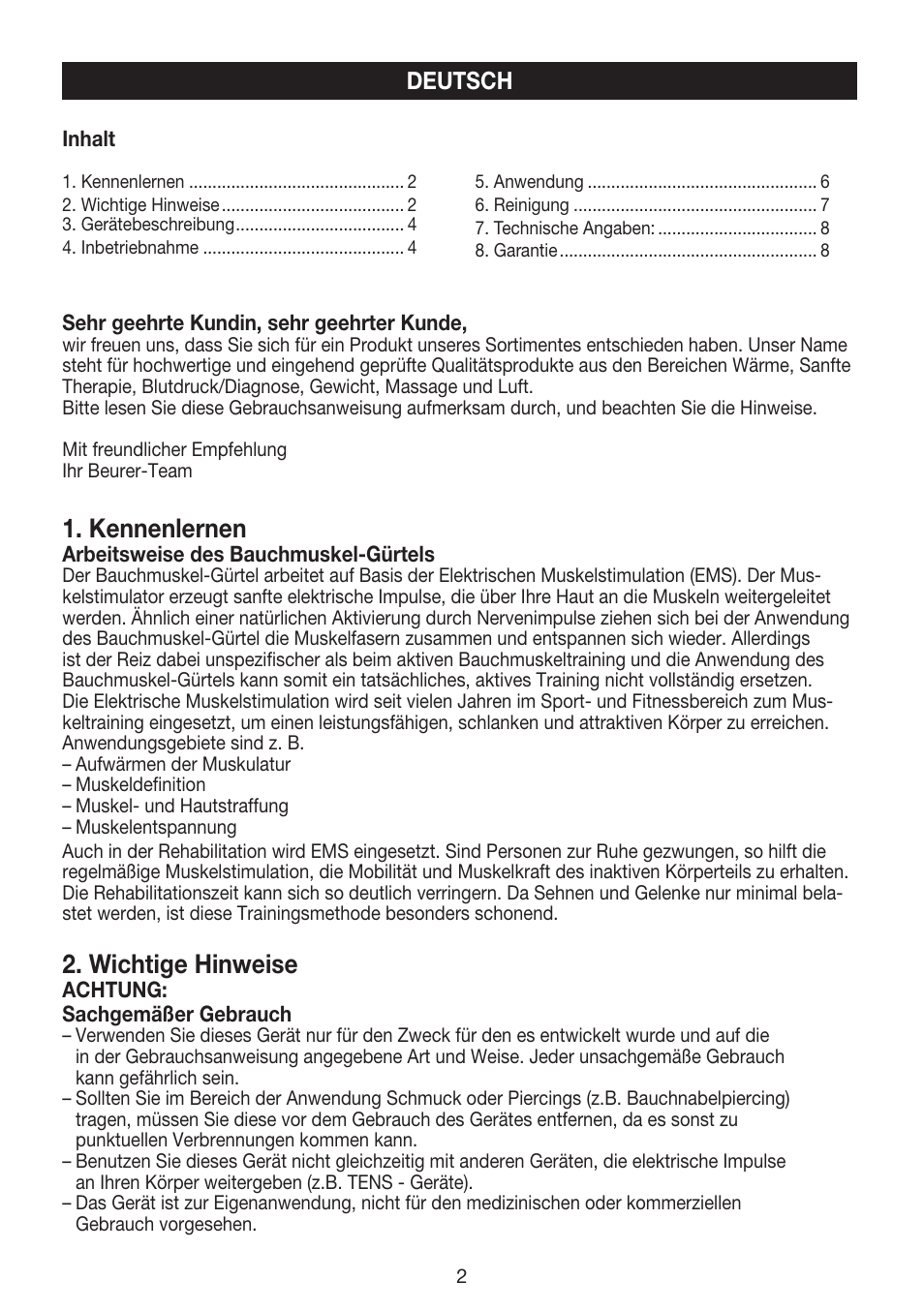 Kennenlernen, Wichtige hinweise | Beurer EM 35 User Manual | Page 2 / 60