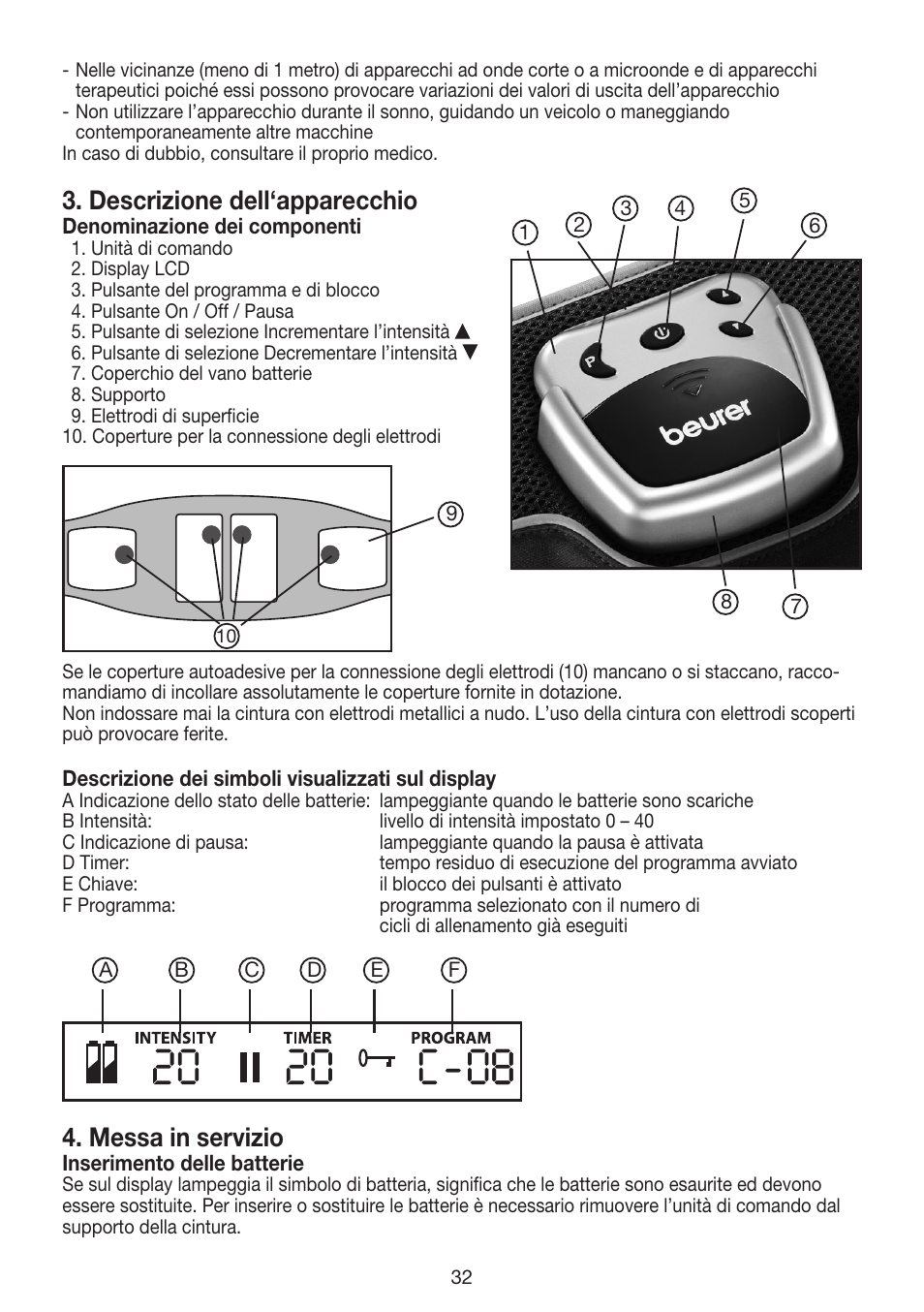 Descrizione dell‘apparecchio, Messa in servizio | Beurer EM 35 User Manual | Page 32 / 60