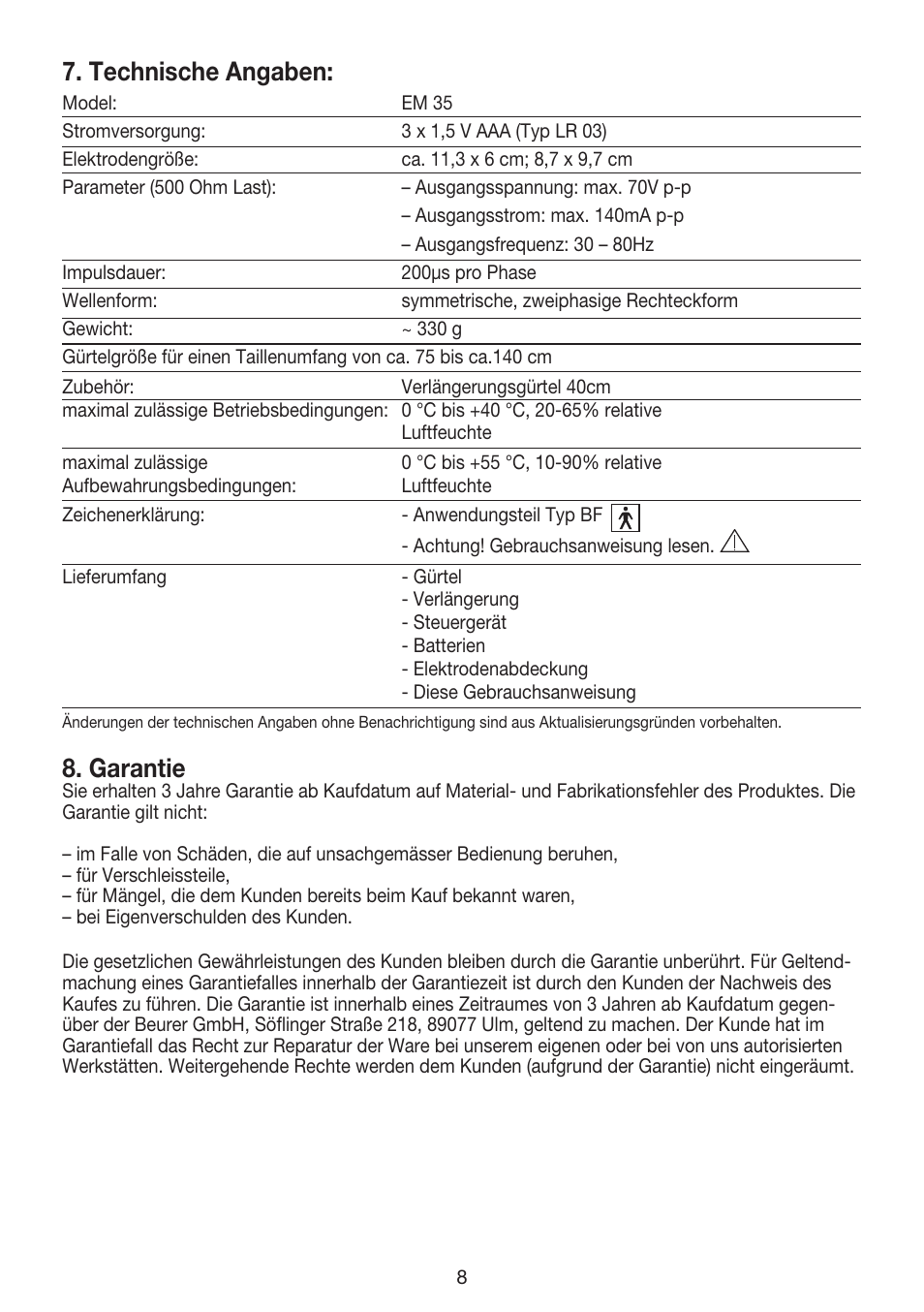 Technische angaben, Garantie | Beurer EM 35 User Manual | Page 8 / 60