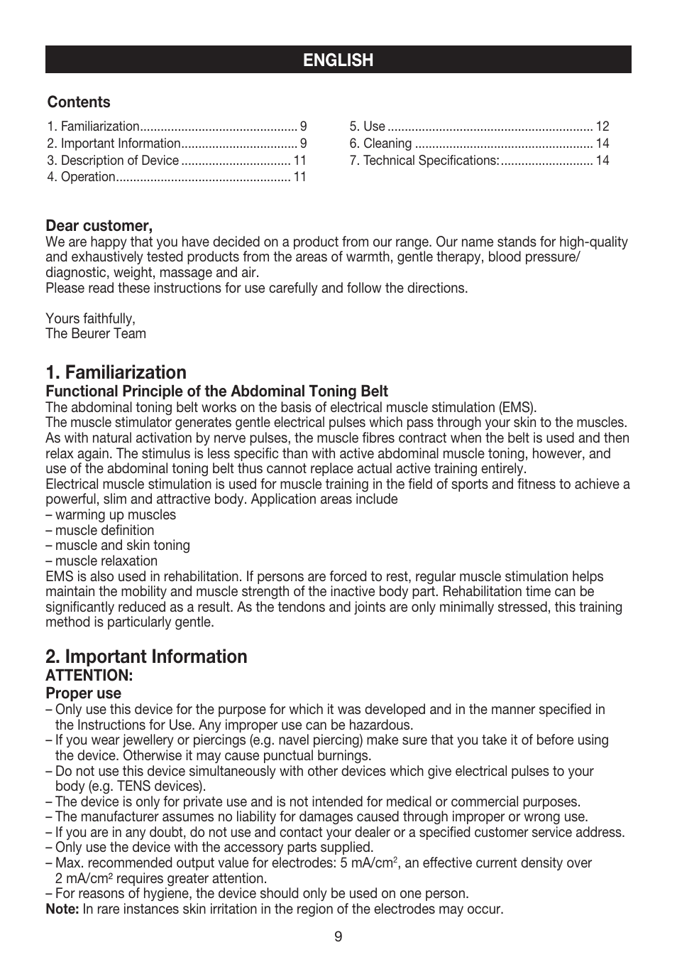 Familiarization, Important information, English | Beurer EM 35 User Manual | Page 9 / 60