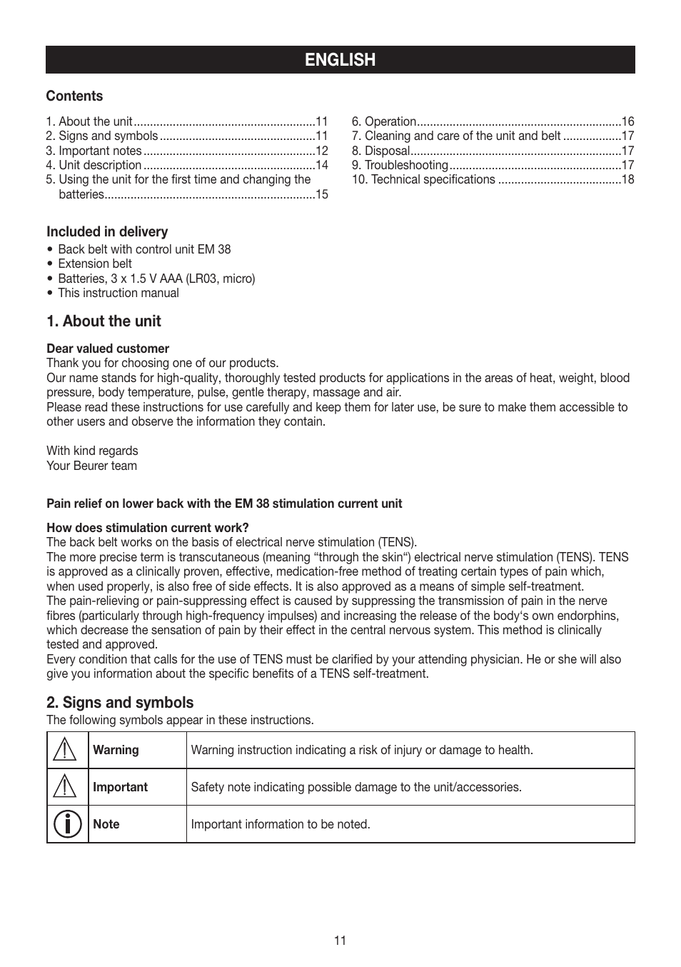 English, About the unit, Signs and symbols | Beurer EM 38 User Manual | Page 11 / 74