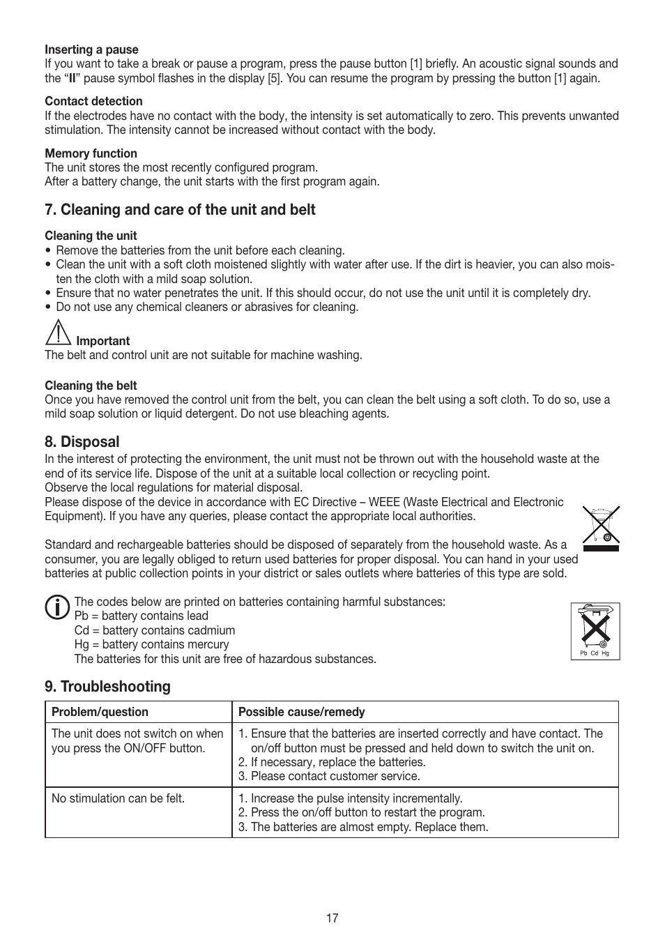 Cleaning and care of the unit and belt, Disposal, Troubleshooting | Beurer EM 38 User Manual | Page 17 / 74