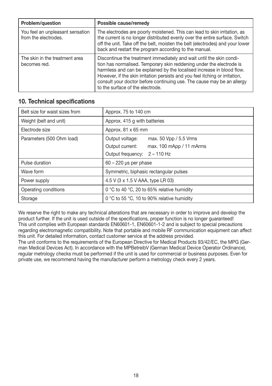 Technical specifications | Beurer EM 38 User Manual | Page 18 / 74