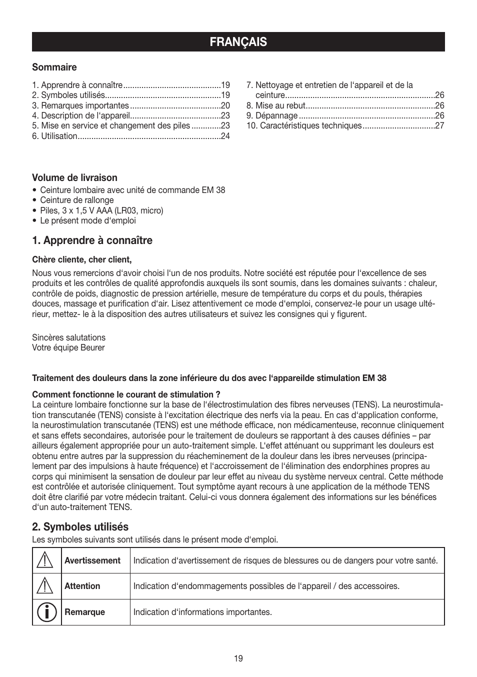 Français, Apprendre à connaître, Symboles utilisés | Beurer EM 38 User Manual | Page 19 / 74