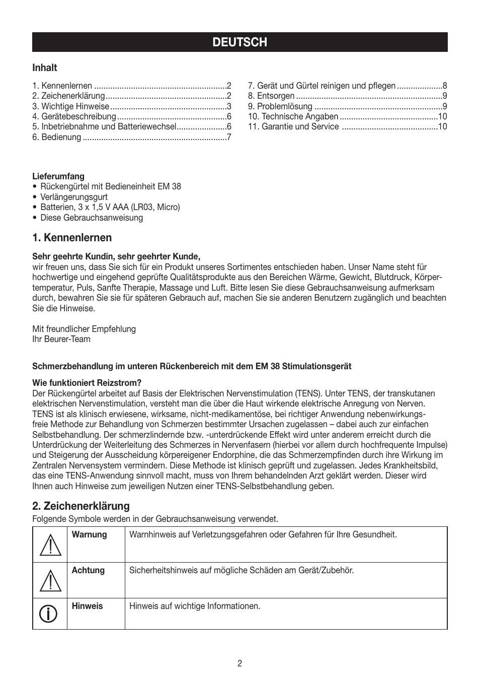 Deutsch, Kennenlernen, Zeichenerklärung | Beurer EM 38 User Manual | Page 2 / 74