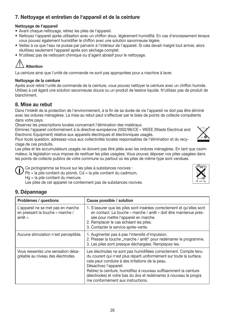 Mise au rebut, Dépannage | Beurer EM 38 User Manual | Page 26 / 74