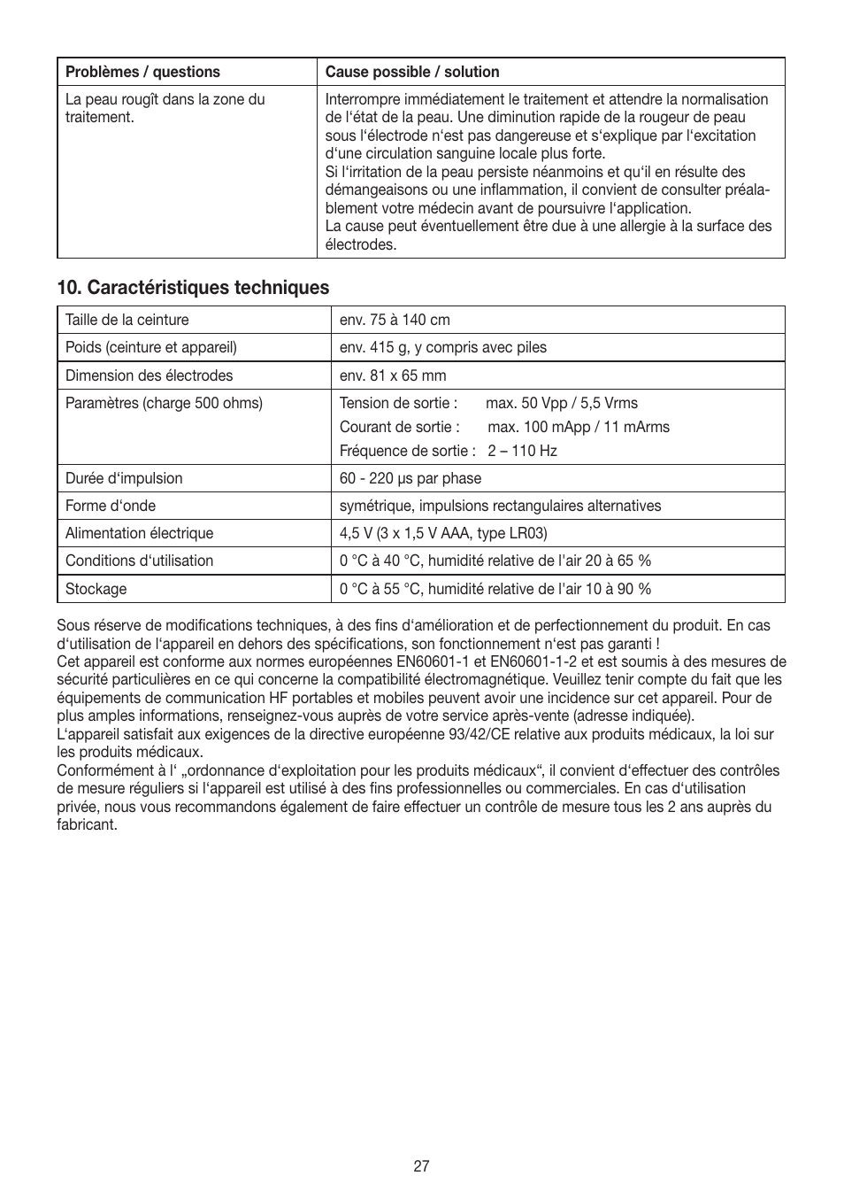 Caractéristiques techniques | Beurer EM 38 User Manual | Page 27 / 74