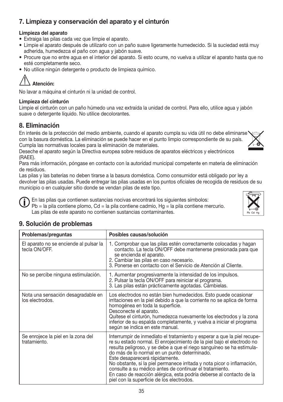 Limpieza y conservación del aparato y el cinturón, Eliminación, Solución de problemas | Beurer EM 38 User Manual | Page 35 / 74