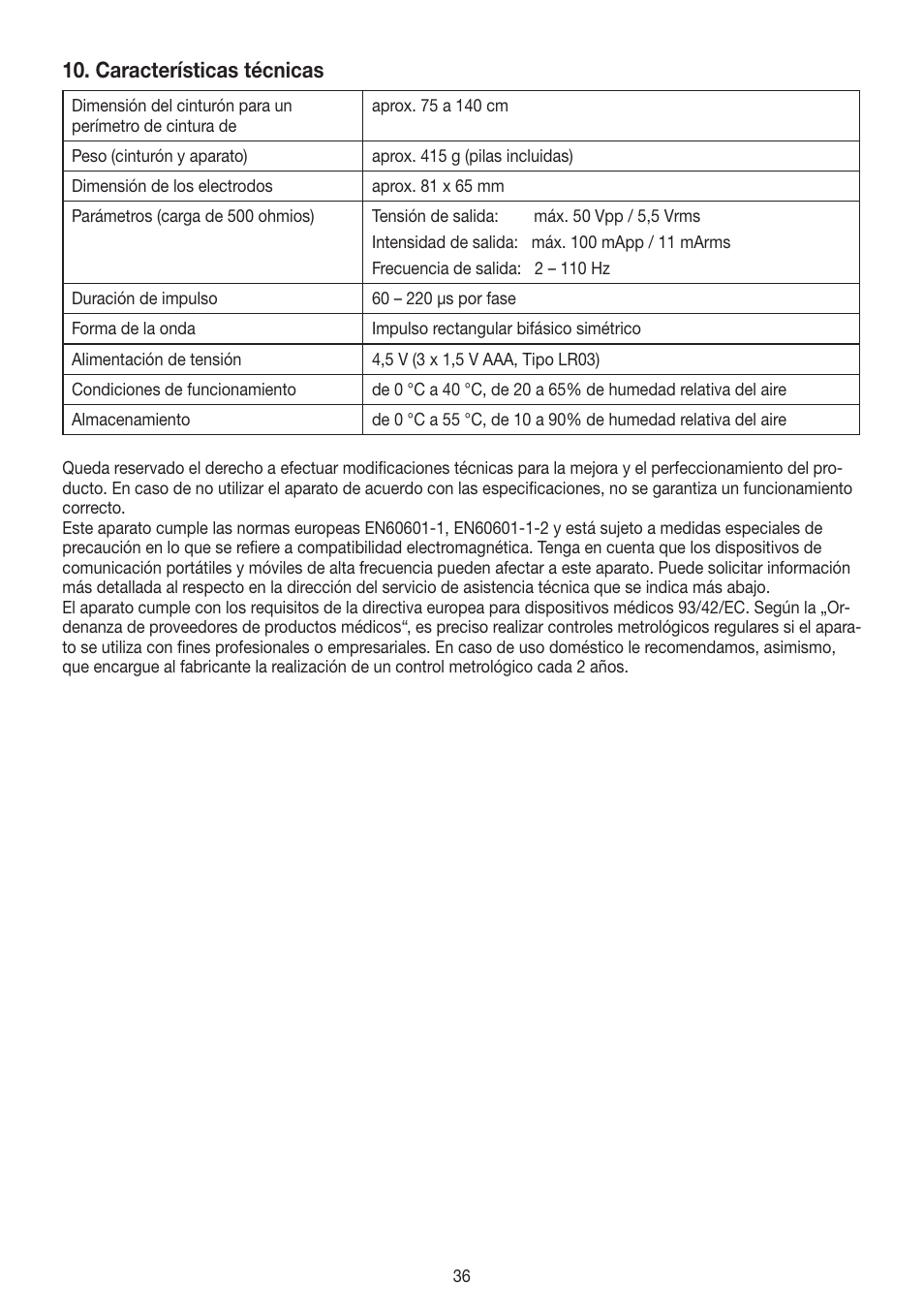 Características técnicas | Beurer EM 38 User Manual | Page 36 / 74