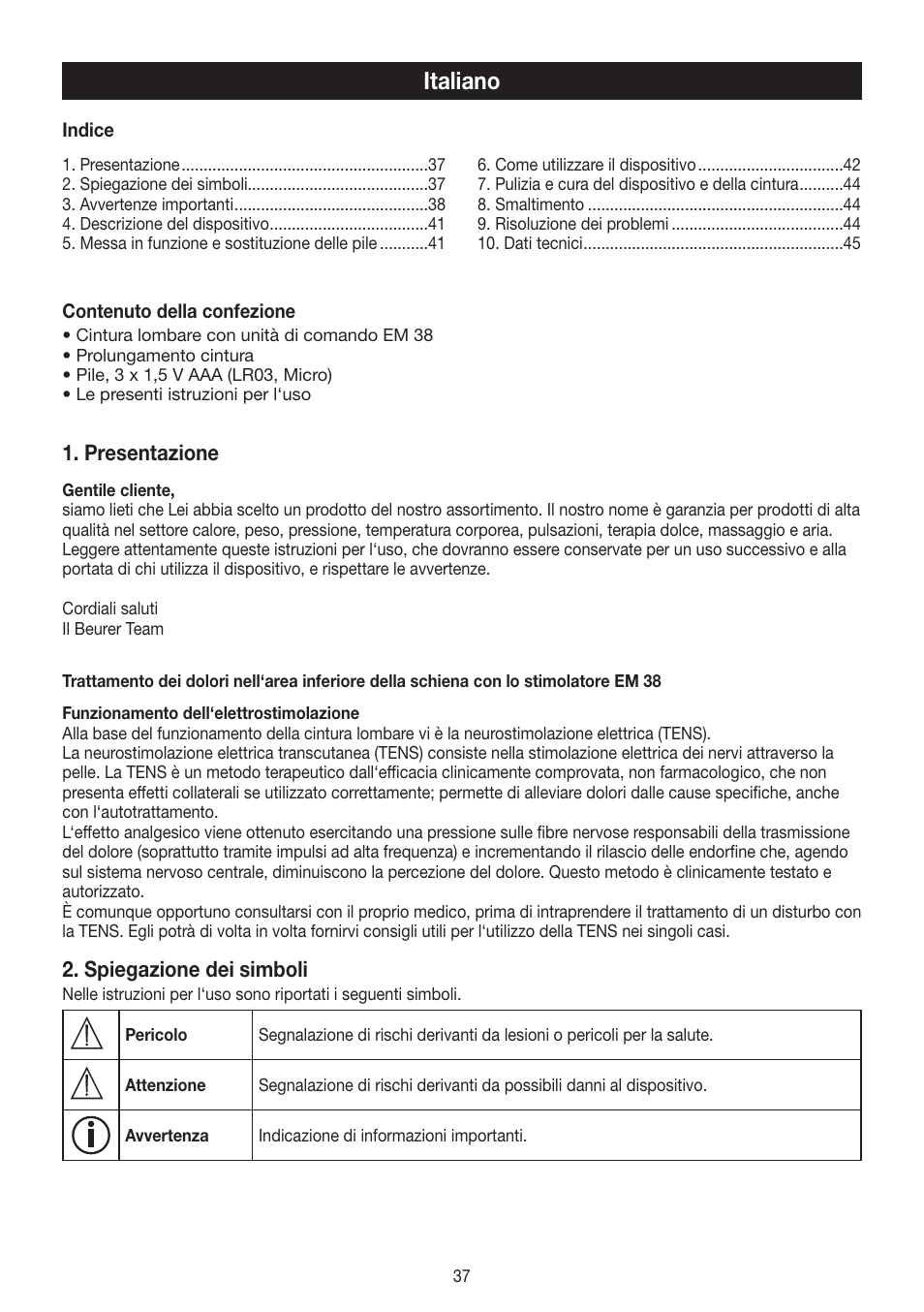Italiano, Presentazione, Spiegazione dei simboli | Beurer EM 38 User Manual | Page 37 / 74