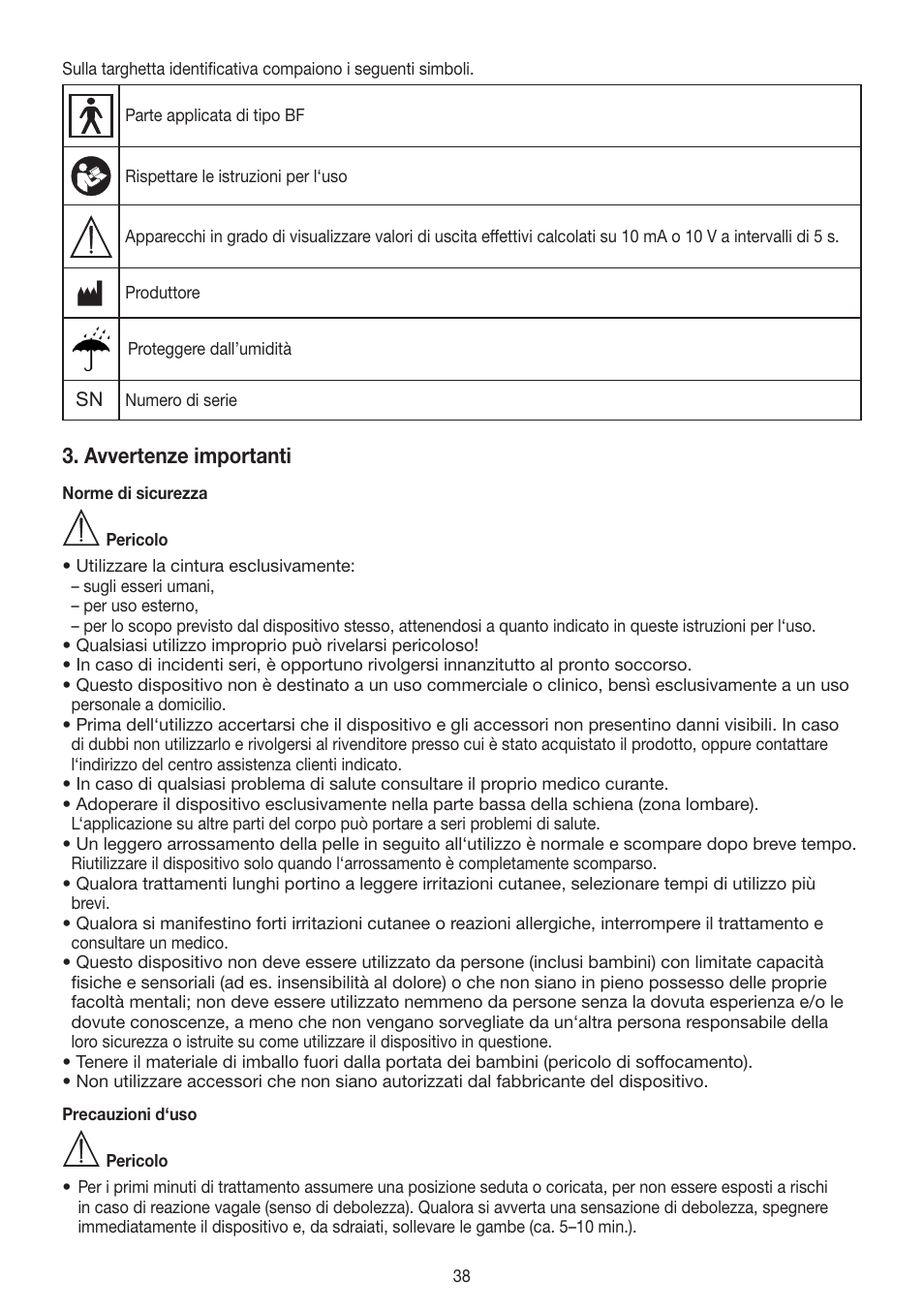 Avvertenze importanti | Beurer EM 38 User Manual | Page 38 / 74